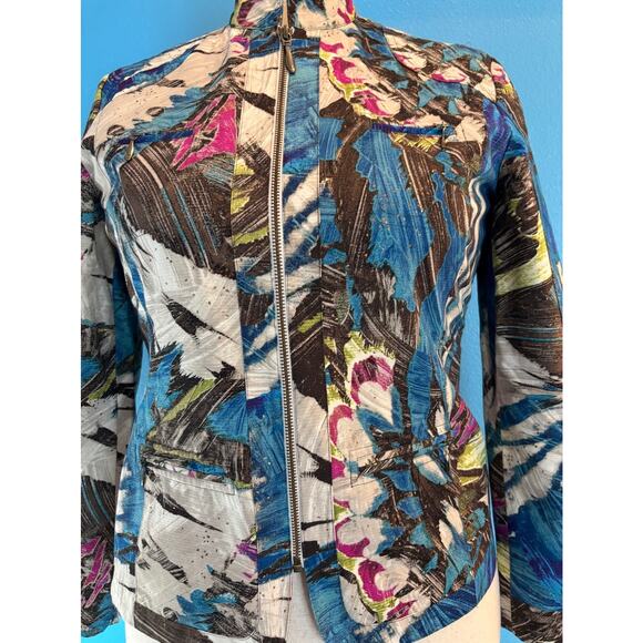 Darling Chico's Jacket Multi-Color Abstract w Metallic 4 Zipper Pockets Close M - Picture 3 of 8